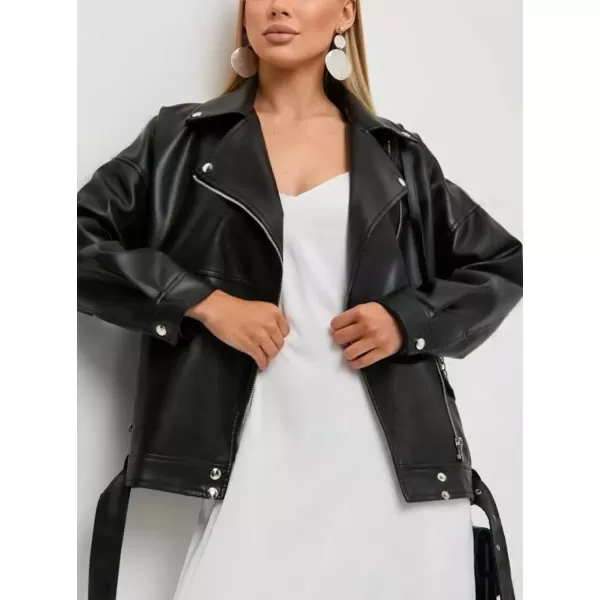 chouyatou Womens Oversized Pu Faux Leather Jacket Notch Lapel Collar Moto Biker Short Jacket CoatBlack