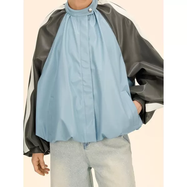 chouyatou Womens Stand Collar Faux Leather Bomber Jacket Patchwork PU Leather Zip Up Coat with PocketsBlue Black