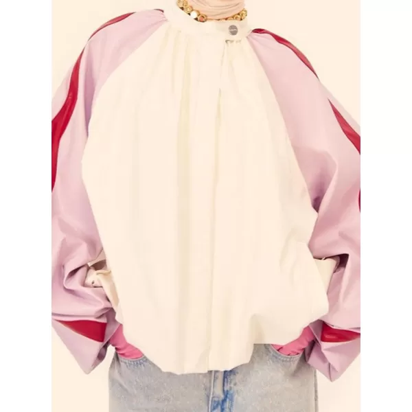 chouyatou Womens Stand Collar Faux Leather Bomber Jacket Patchwork PU Leather Zip Up Coat with PocketsWhite Pink