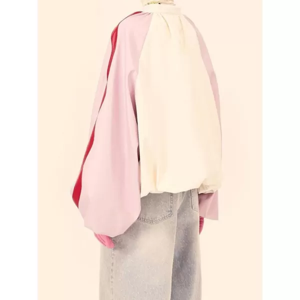 chouyatou Womens Stand Collar Faux Leather Bomber Jacket Patchwork PU Leather Zip Up Coat with PocketsWhite Pink