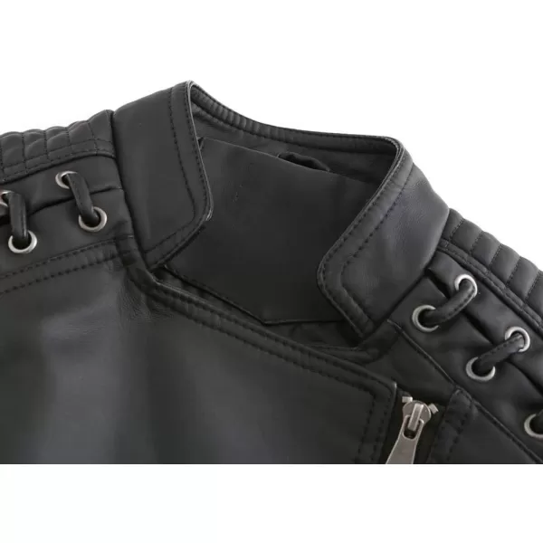 chouyatou Womens String Quilted Shoulder Oblique Zip Moto Pu Leather Biker JacketBlack