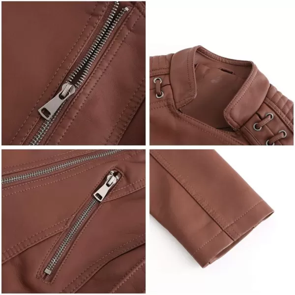 chouyatou Womens String Quilted Shoulder Oblique Zip Moto Pu Leather Biker JacketCoffee