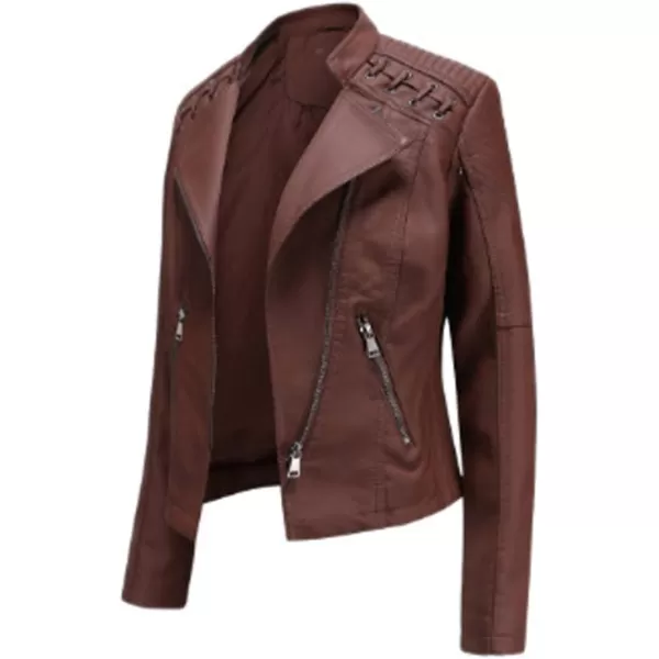 chouyatou Womens String Quilted Shoulder Oblique Zip Moto Pu Leather Biker JacketCoffee