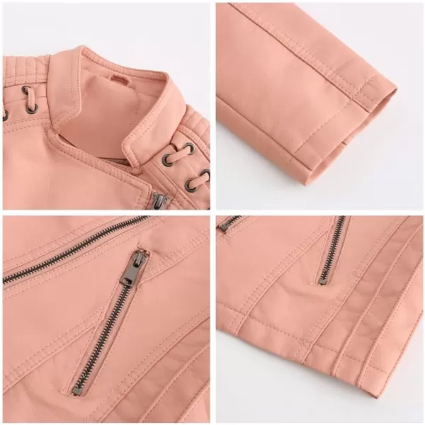 chouyatou Womens String Quilted Shoulder Oblique Zip Moto Pu Leather Biker JacketPink