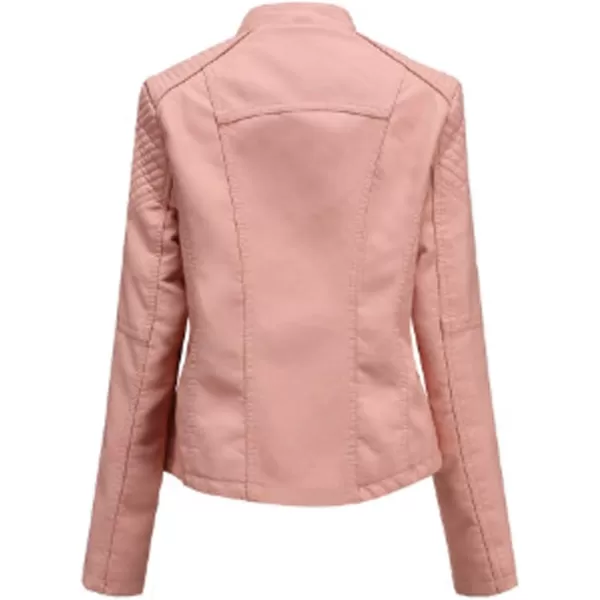 chouyatou Womens String Quilted Shoulder Oblique Zip Moto Pu Leather Biker JacketPink