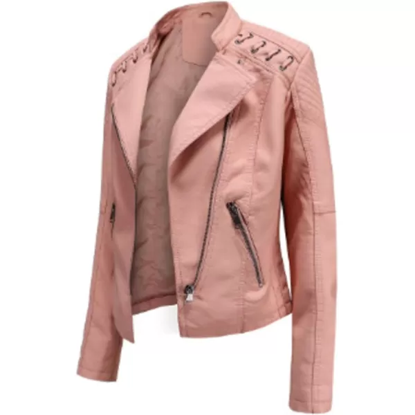 chouyatou Womens String Quilted Shoulder Oblique Zip Moto Pu Leather Biker JacketPink