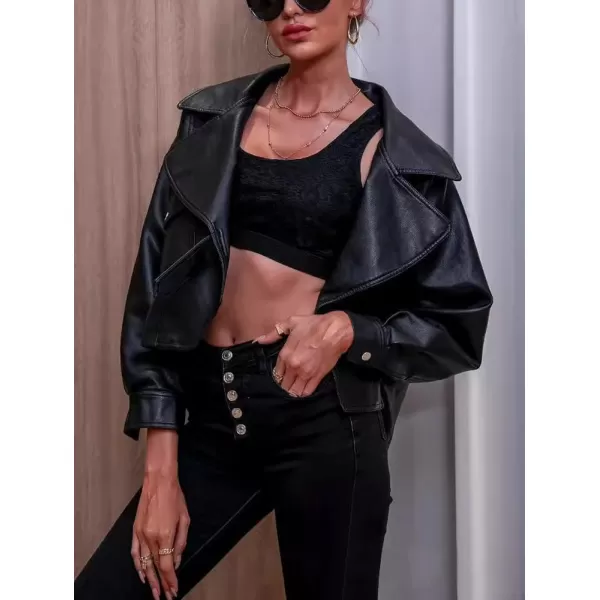 chouyatou Womens Vintage Pu Faux Leather Jacket Oversized Notch Lapel Collar Cropped Short Jacket CoatBlack