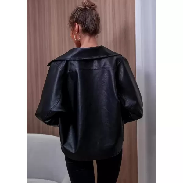 chouyatou Womens Vintage Pu Faux Leather Jacket Oversized Notch Lapel Collar Cropped Short Jacket CoatBlack