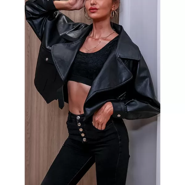 chouyatou Womens Vintage Pu Faux Leather Jacket Oversized Notch Lapel Collar Cropped Short Jacket CoatBlack