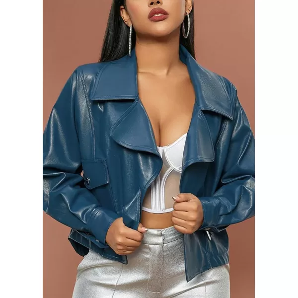 chouyatou Womens Vintage Pu Faux Leather Jacket Oversized Notch Lapel Collar Cropped Short Jacket CoatBlue