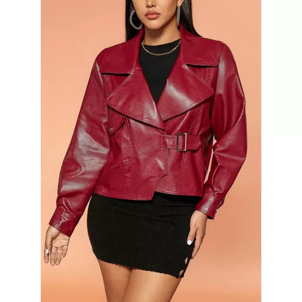 chouyatou Womens Vintage Pu Faux Leather Jacket Oversized Notch Lapel Collar Cropped Short Jacket CoatWine Red