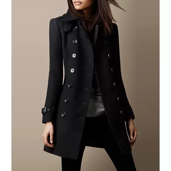 chouyatou Womens Winter Double Breasted Wool Coat Elegant Collared Wool Blend Trench Pea CoatBlack
