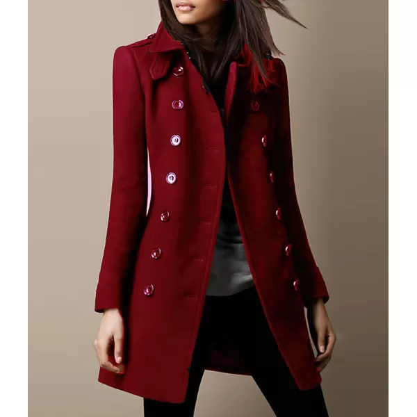 chouyatou Womens Winter Double Breasted Wool Coat Elegant Collared Wool Blend Trench Pea CoatWine Red