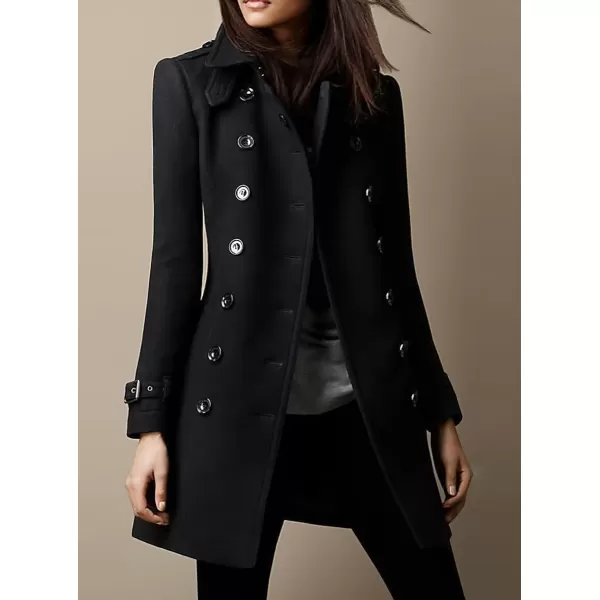 chouyatou Womens Winter Double Breasted Wool Coat Office Work Long Wool Blend Pea Coat OvercoatBlack