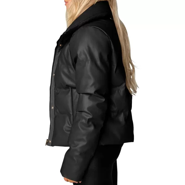 chouyatou Womens Winter Faux Leather Puffer Jacket Cropped Windproof Long Sleeve Zip Up CoatBlack