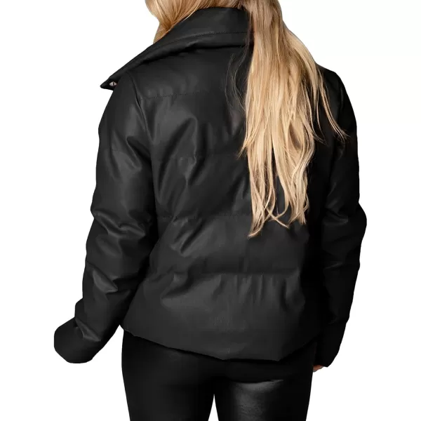 chouyatou Womens Winter Faux Leather Puffer Jacket Cropped Windproof Long Sleeve Zip Up CoatBlack