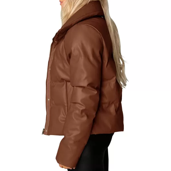 chouyatou Womens Winter Faux Leather Puffer Jacket Cropped Windproof Long Sleeve Zip Up CoatDark Brown