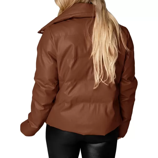 chouyatou Womens Winter Faux Leather Puffer Jacket Cropped Windproof Long Sleeve Zip Up CoatDark Brown