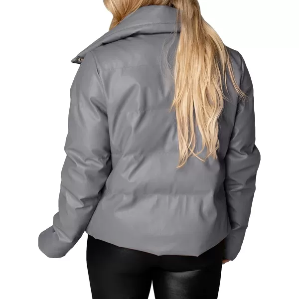 chouyatou Womens Winter Faux Leather Puffer Jacket Cropped Windproof Long Sleeve Zip Up CoatGrey