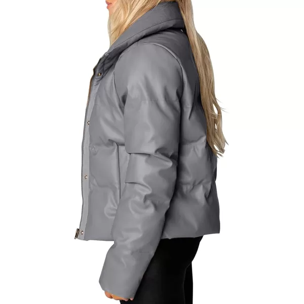 chouyatou Womens Winter Faux Leather Puffer Jacket Cropped Windproof Long Sleeve Zip Up CoatGrey