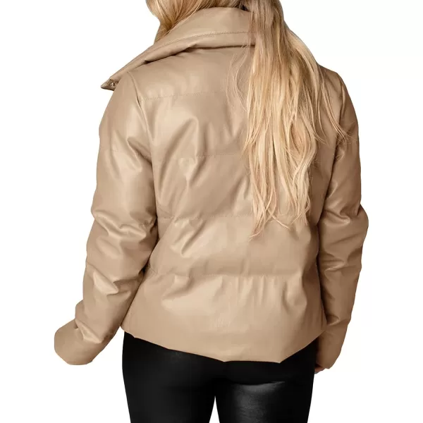 chouyatou Womens Winter Faux Leather Puffer Jacket Cropped Windproof Long Sleeve Zip Up CoatKhaki