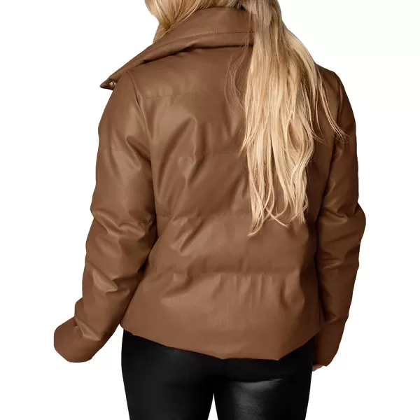 chouyatou Womens Winter Faux Leather Puffer Jacket Cropped Windproof Long Sleeve Zip Up CoatLight Brown