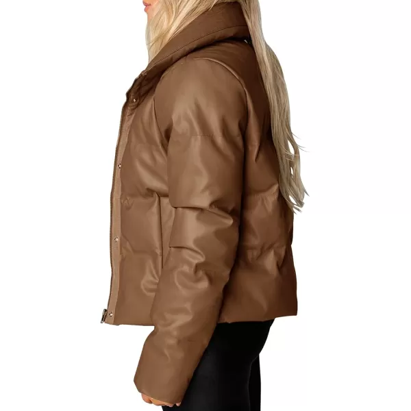 chouyatou Womens Winter Faux Leather Puffer Jacket Cropped Windproof Long Sleeve Zip Up CoatLight Brown