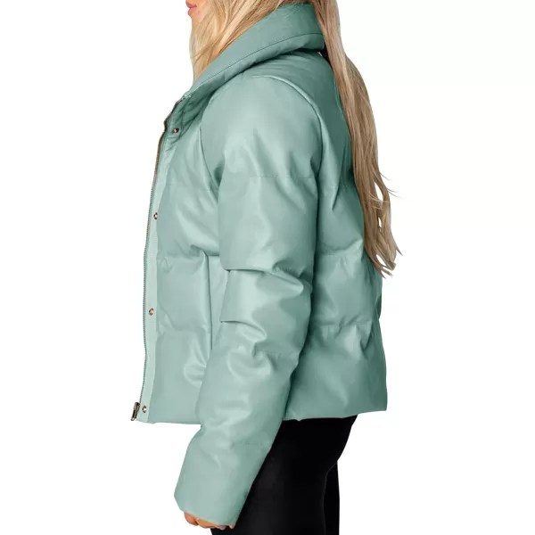 chouyatou Womens Winter Faux Leather Puffer Jacket Cropped Windproof Long Sleeve Zip Up CoatMint Green