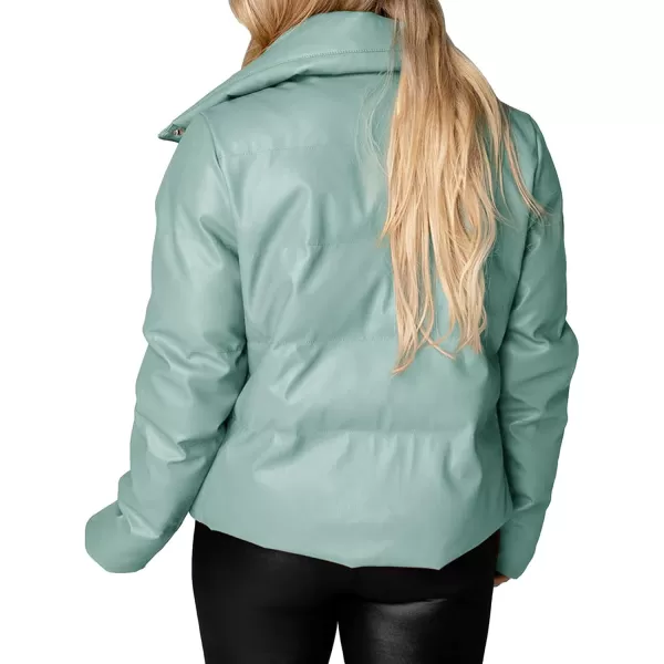 chouyatou Womens Winter Faux Leather Puffer Jacket Cropped Windproof Long Sleeve Zip Up CoatMint Green