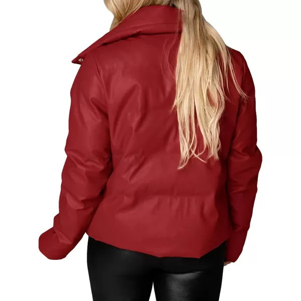 chouyatou Womens Winter Faux Leather Puffer Jacket Cropped Windproof Long Sleeve Zip Up CoatRed