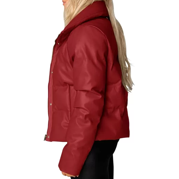 chouyatou Womens Winter Faux Leather Puffer Jacket Cropped Windproof Long Sleeve Zip Up CoatRed