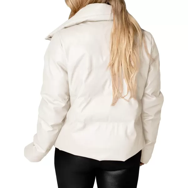 chouyatou Womens Winter Faux Leather Puffer Jacket Cropped Windproof Long Sleeve Zip Up CoatWhite