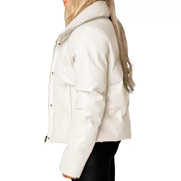 chouyatou Womens Winter Faux Leather Puffer Jacket Cropped Windproof Long Sleeve Zip Up CoatWhite