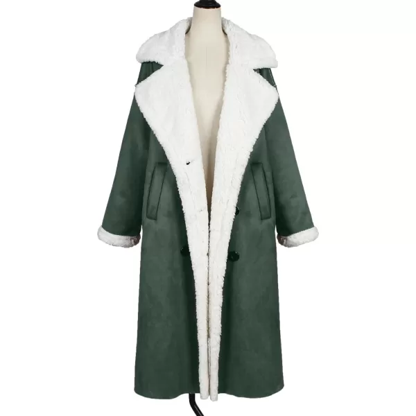chouyatou Womens Winter Lapel Faux Suede Leather Jacket Double Breasted Sherpa Fleece Long Trench CoatArmy Green