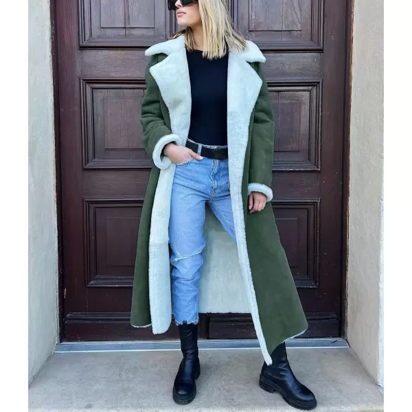 chouyatou Womens Winter Lapel Faux Suede Leather Jacket Double Breasted Sherpa Fleece Long Trench CoatArmy Green