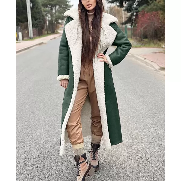 chouyatou Womens Winter Lapel Faux Suede Leather Jacket Double Breasted Sherpa Fleece Long Trench CoatArmy Green