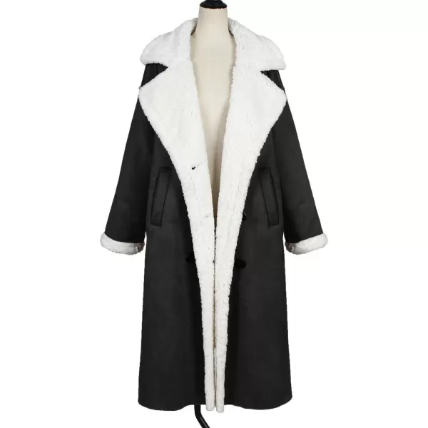 chouyatou Womens Winter Lapel Faux Suede Leather Jacket Double Breasted Sherpa Fleece Long Trench CoatBlack