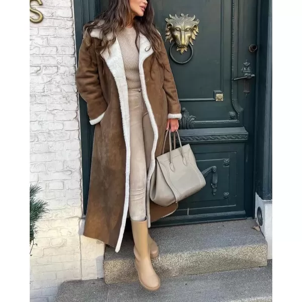 chouyatou Womens Winter Lapel Faux Suede Leather Jacket Double Breasted Sherpa Fleece Long Trench CoatBrown