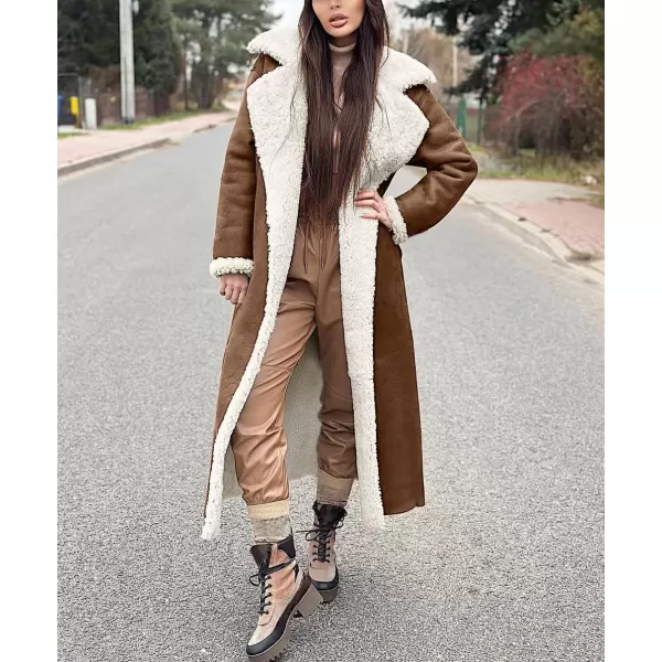 chouyatou Womens Winter Lapel Faux Suede Leather Jacket Double Breasted Sherpa Fleece Long Trench CoatBrown