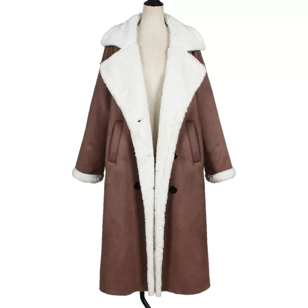 chouyatou Womens Winter Lapel Faux Suede Leather Jacket Double Breasted Sherpa Fleece Long Trench CoatBrown