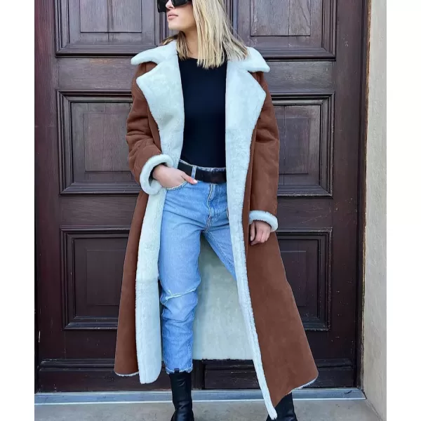 chouyatou Womens Winter Lapel Faux Suede Leather Jacket Double Breasted Sherpa Fleece Long Trench CoatBrown