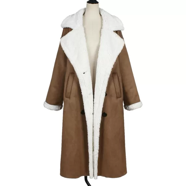 chouyatou Womens Winter Lapel Faux Suede Leather Jacket Double Breasted Sherpa Fleece Long Trench CoatCamel