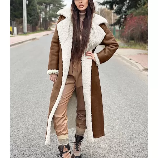 chouyatou Womens Winter Lapel Faux Suede Leather Jacket Double Breasted Sherpa Fleece Long Trench CoatCamel
