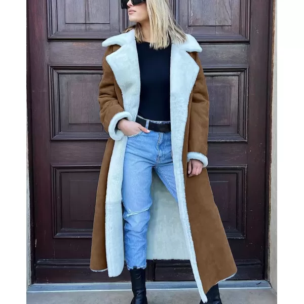 chouyatou Womens Winter Lapel Faux Suede Leather Jacket Double Breasted Sherpa Fleece Long Trench CoatCamel