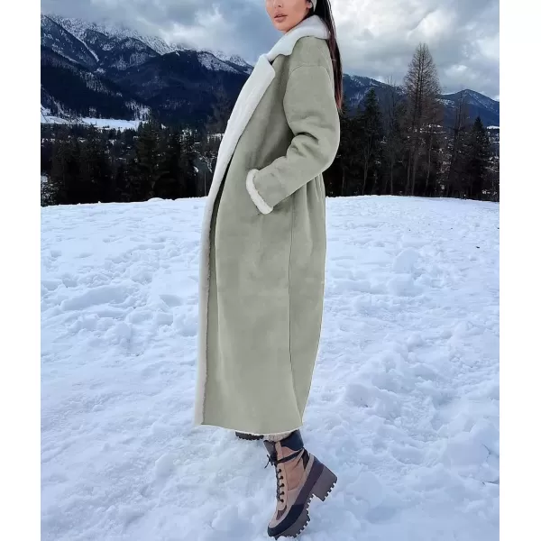 chouyatou Womens Winter Lapel Faux Suede Leather Jacket Double Breasted Sherpa Fleece Long Trench CoatDusty Green