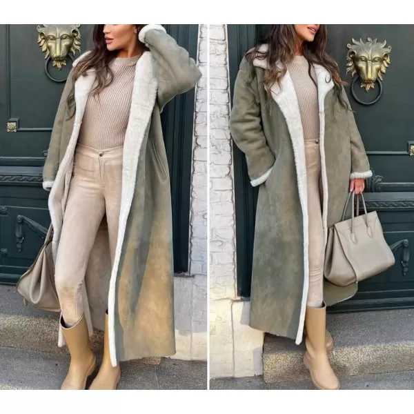 chouyatou Womens Winter Lapel Faux Suede Leather Jacket Double Breasted Sherpa Fleece Long Trench CoatDusty Green