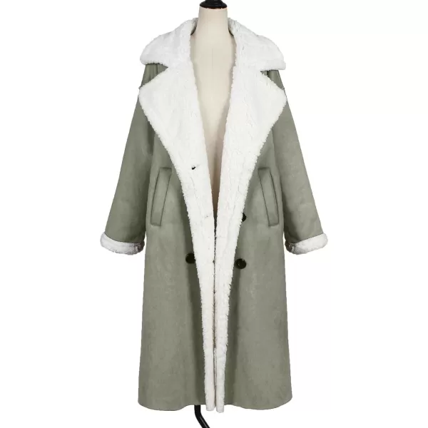 chouyatou Womens Winter Lapel Faux Suede Leather Jacket Double Breasted Sherpa Fleece Long Trench CoatDusty Green