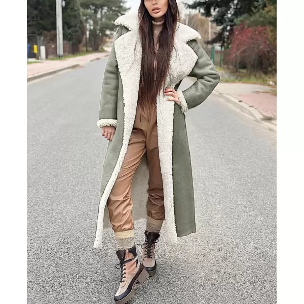 chouyatou Womens Winter Lapel Faux Suede Leather Jacket Double Breasted Sherpa Fleece Long Trench CoatDusty Green