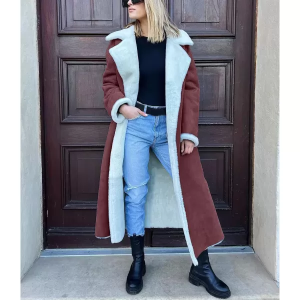 chouyatou Womens Winter Lapel Faux Suede Leather Jacket Double Breasted Sherpa Fleece Long Trench CoatWine Red