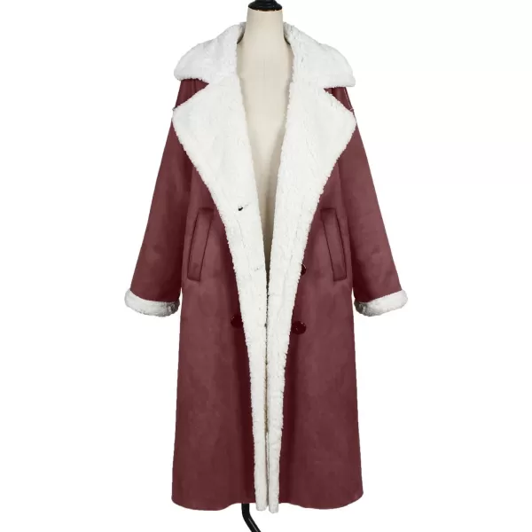 chouyatou Womens Winter Lapel Faux Suede Leather Jacket Double Breasted Sherpa Fleece Long Trench CoatWine Red